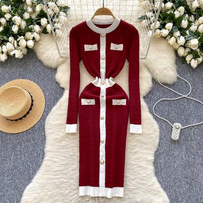 Winter Senior Retro Strickkleid O Hals Knöpfe Design Frankreich Elegant Skinny Chic Damen Herbst Casual Pullover Midikleid