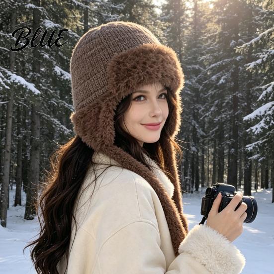 Fashionable Knit Hat Women Trapper Hat Wool Blend Knitted with Ear Flaps Fuzzy Cold Weather Headwear Trim Warm Winter for Hiking Skiing Outdoor