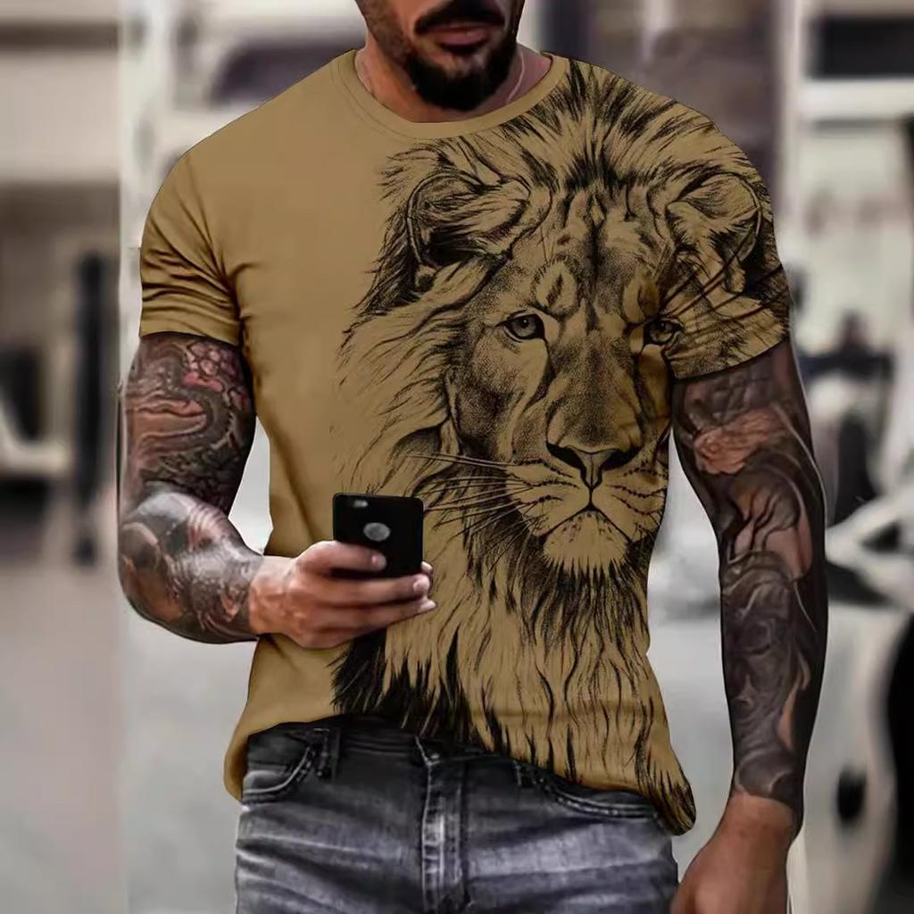 Summer Round Neck 3D Lion Pattern Print Top Fashionable Casual Short Sleeved Men's T-shirts