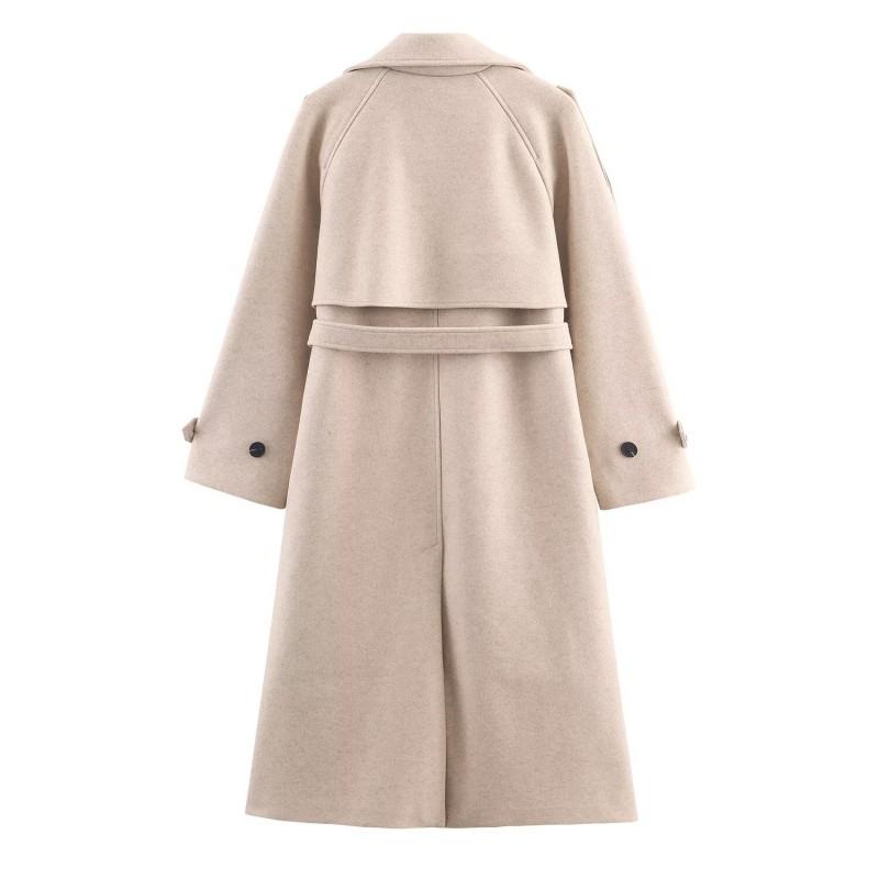 Womens Oversized Double-Breasted Wool Blend Coat With Waist Belt Longline Streetwear Style Winter Outerwear