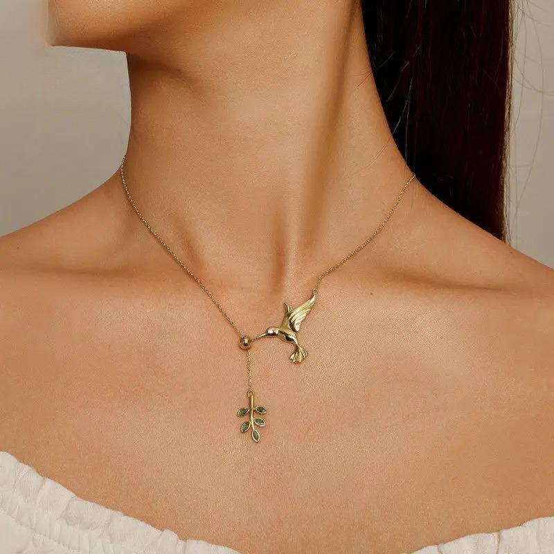 Sterling Silver Hummingbird Pendant Necklace Green Leaf Adjustable Chain 14K Gold Plated for Women Fine Jewelry