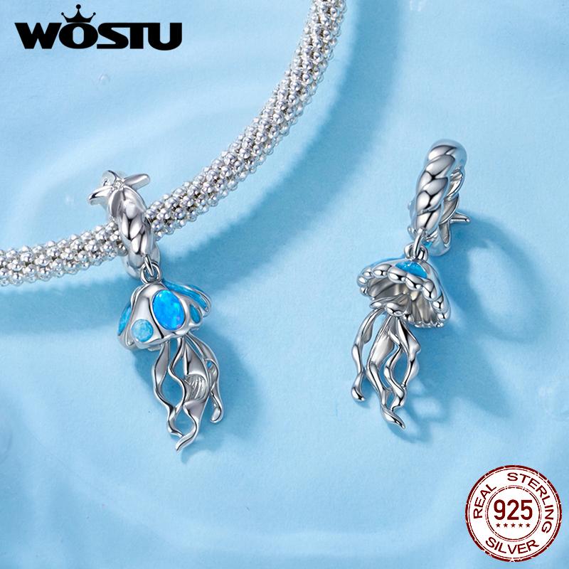 WOSTU 925 Silver Blue Opal Seahorse Pendant Fantasy Jellyfish Charm Octopus Bead Fit Bracelet DIY Ocean Jewelry Gift