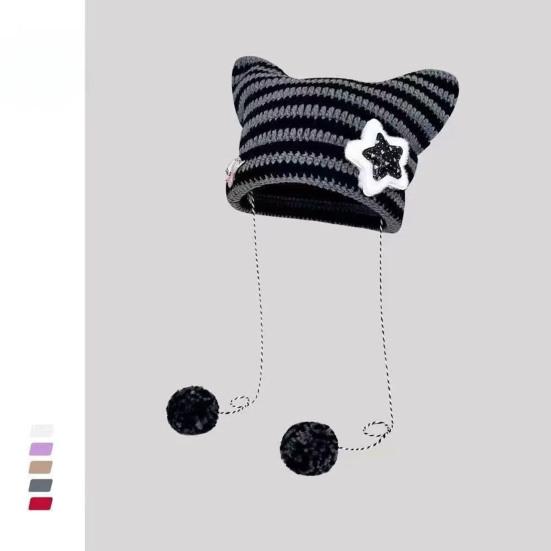 Winter Knitted Hat Cat Ear Design Plush Ball Decor Striped Print Windproof Warm Women Hat Cold Weather Headwear