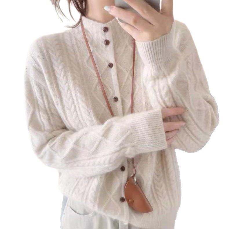 Women's 100% Pure Wool Half-High Collar Cable Knit Cardigan - Loose Long Sleeve Trendy Sweater for Autumn/Winter