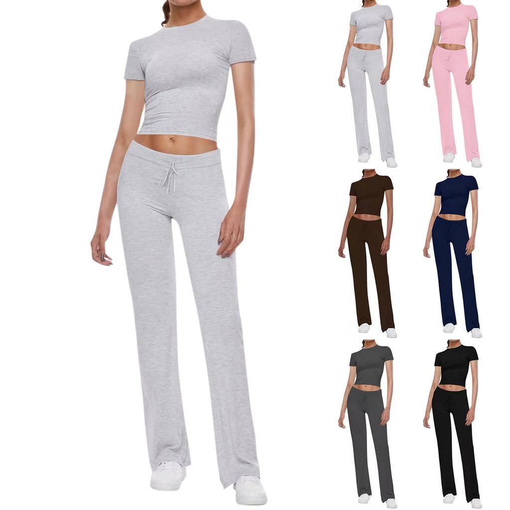 Women's Solid Color Two Piece Outfit Crop Short Sleeve Top Elastic Waist Flare Pants Casual Sports Tracksuit Set