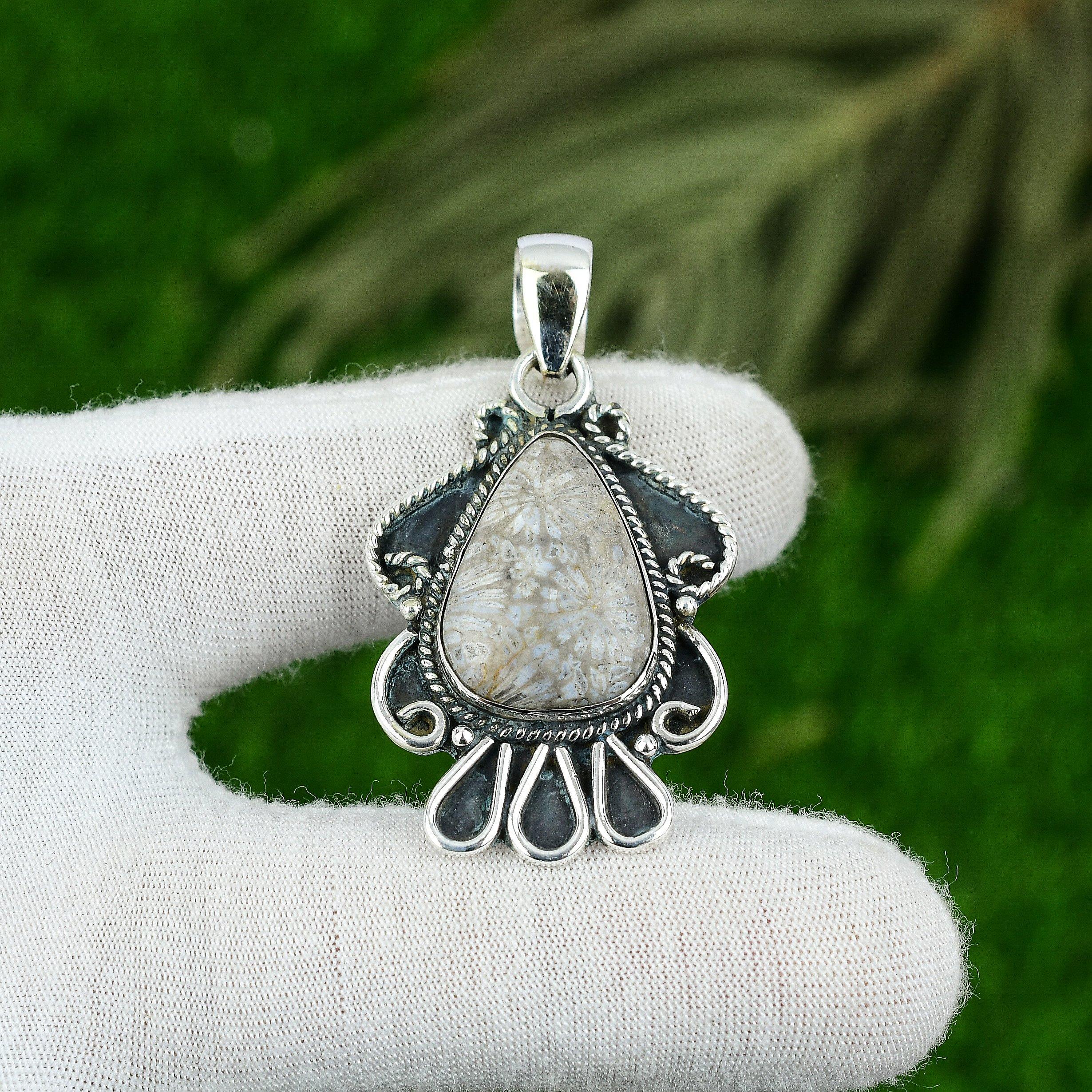 Natural Fossil Coral Sterling Silver Sister Ethnic Art Deco Root Chakra Pendant
