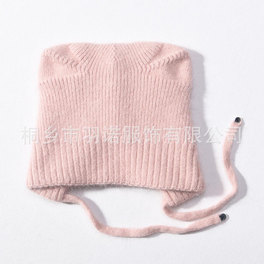 Solid color Angora long rabbit hair lace-up cat ear hat warm wool hat knitted hat windproof ear protection