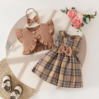 Robe à volants sans manches à carreaux pour filles avec nœud
