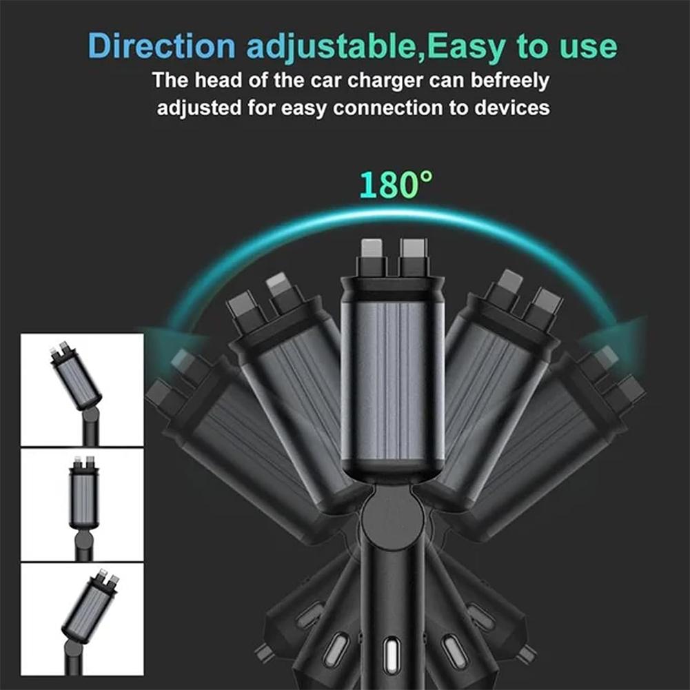 2024 Starry Sky LED Fast Car Charger with Retractable Cables - USB/Type-C/iOS Universal Compatibility