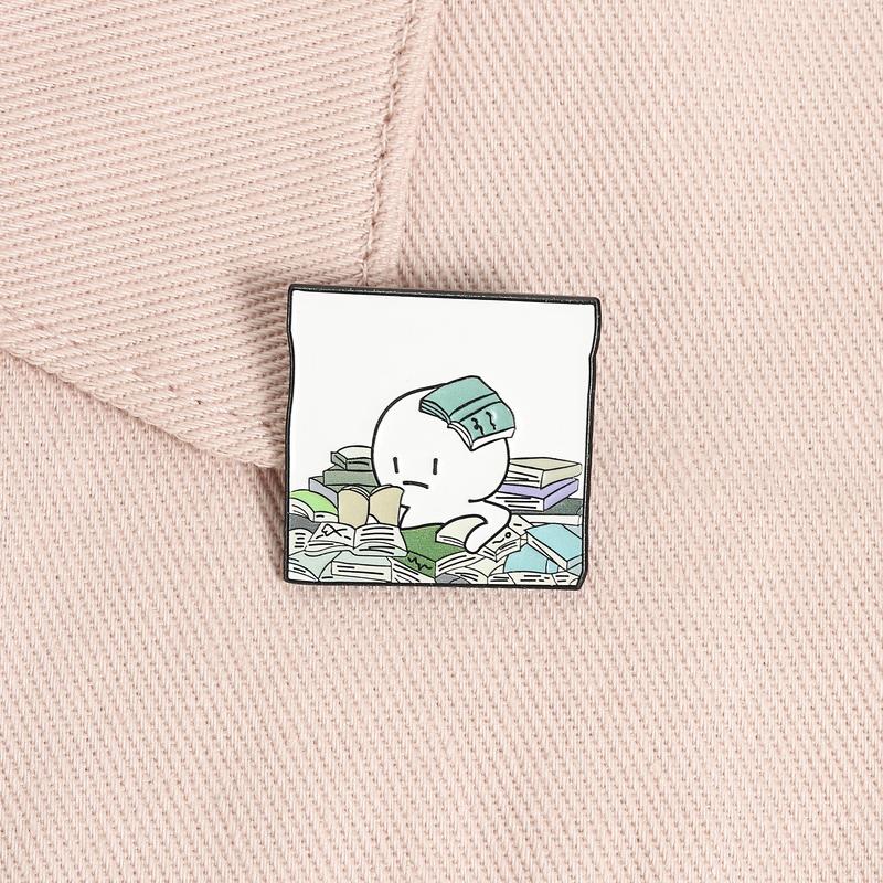 Cartoon Overwhelmed Book Lover Enamel Pin Exaggerated Figure Buried In Books Lapel Brooch Humorous Gift For Teens