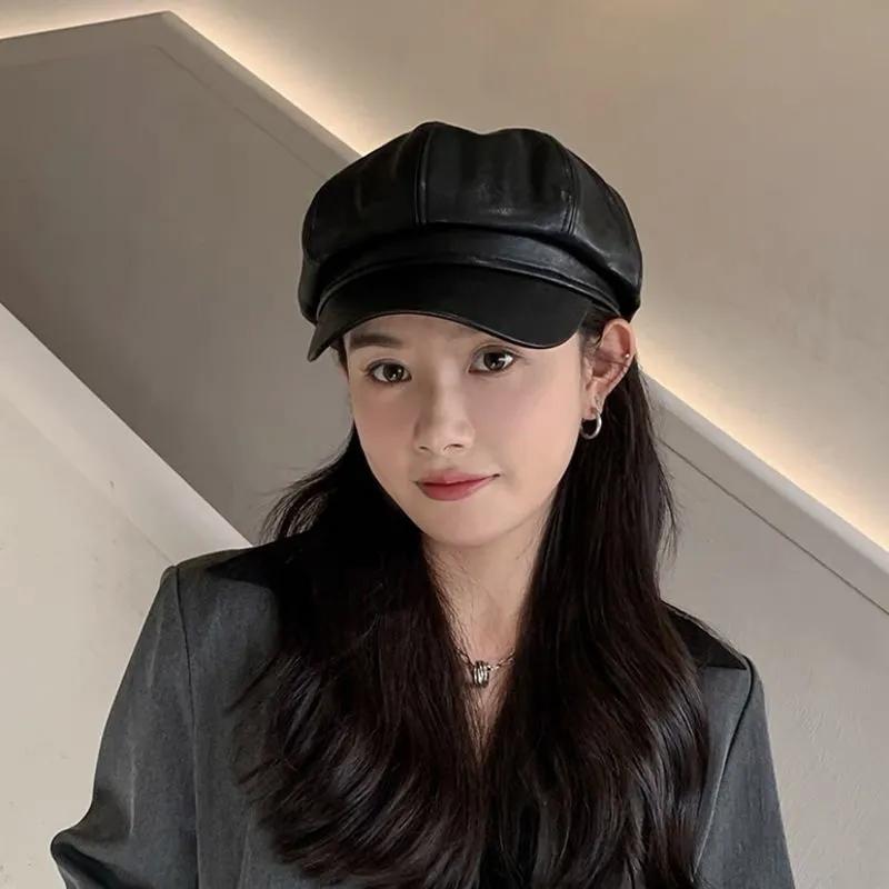 Women  PU Leather Octagonal Cap Duck Tongue Korean Version Tide Spring and Autumn Retro British Style Hat Female Wild Beret