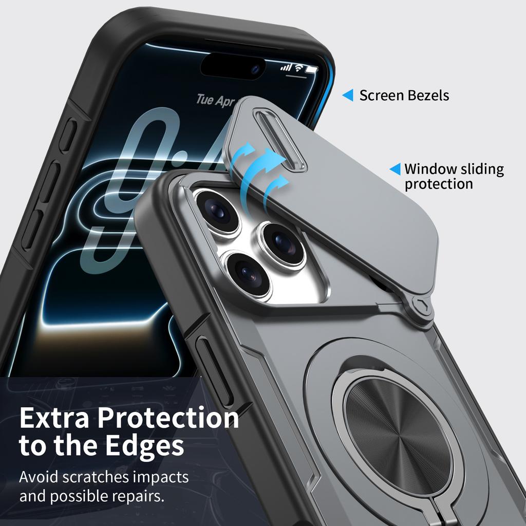 Case for 17 16 15 14 13 12 Pro Max Sliding Window Magnetic Attraction 2-in-1 Rotating Bracket Armor Protective Cover Plain
