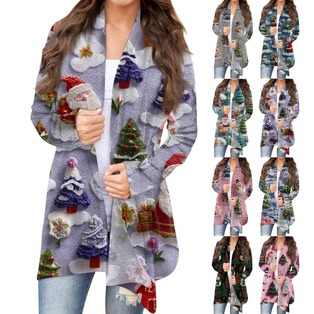 Women's Fashion Christmas Print Jacket Long Sleeve Casual Cardigan Coat