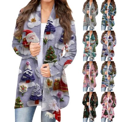 Women's Fashion Christmas Print Jacket Long Sleeve Casual Cardigan Coat