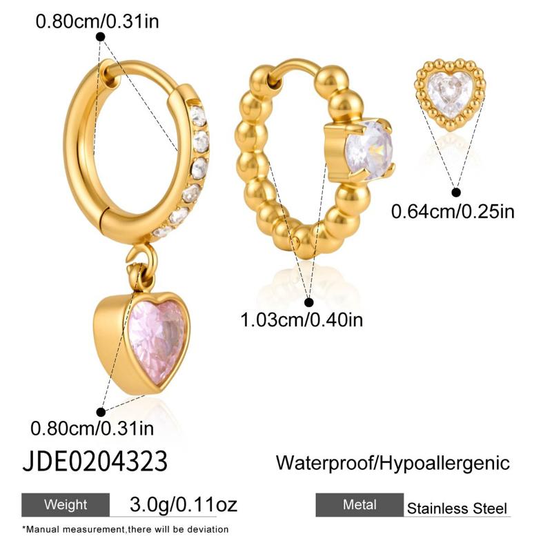 Women Heart Zircon Earrings 3 Pcs Set Minimalist Gold PVD Plated Waterproof Jewelry Ideal for Birthday Gift