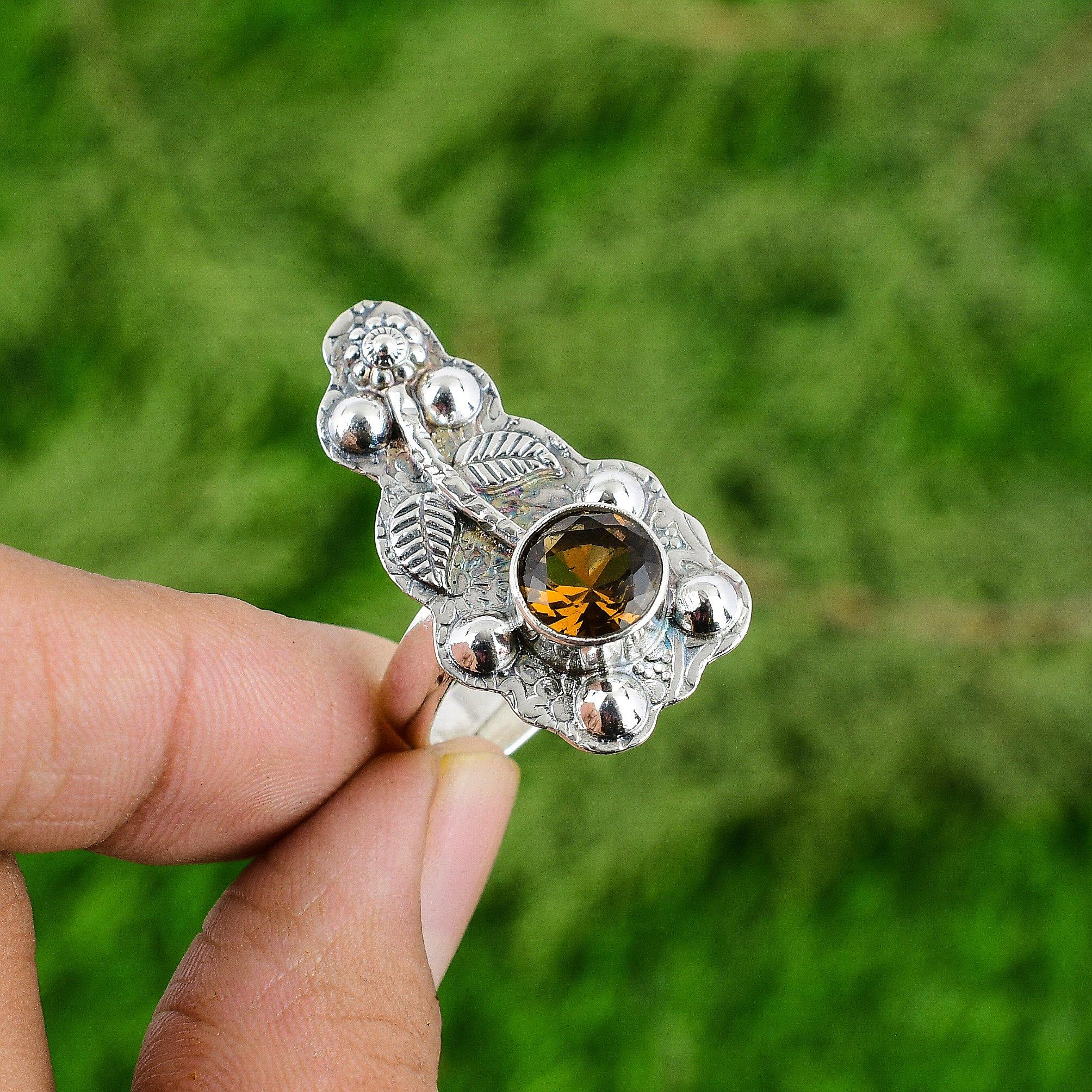 

Round Citrine Gemstone Flower Stackable Bezel Ring Jewelry 925 Sterling Silver Adjustable