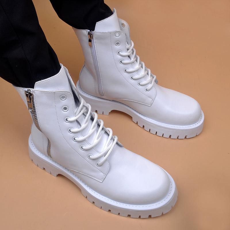 Men's Fashion Stage Nightclub Motorcycle Boots  Designer Shoes Black White Chelsea Boot Soft Leather Platform Short Botas