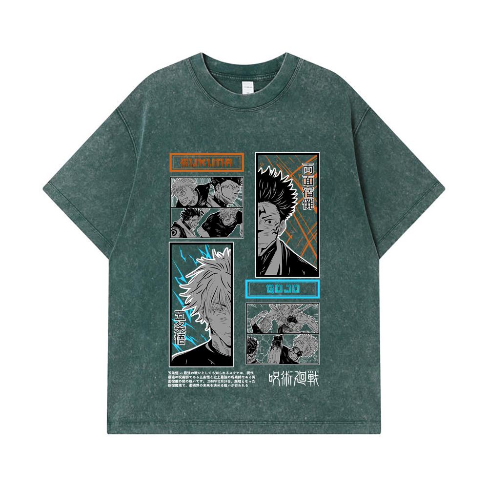 275 GSM Washed T-shirts 100% Cotton Jujutsu Kaisen V33 Gojo Sukuna Print Unisex Heavy Cotton T Shirt