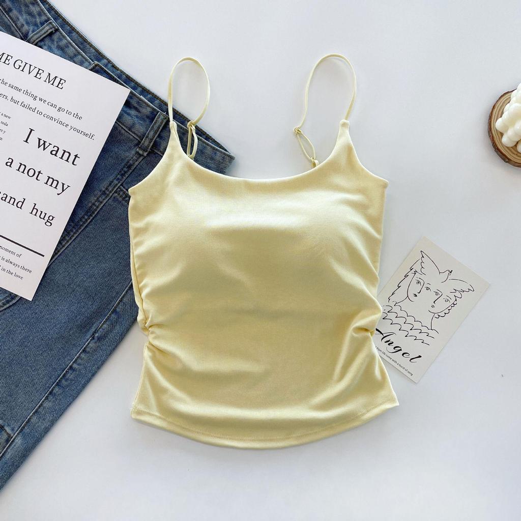 Women's Pleated Camisole: Fresh Design, Slim-Fit, with Chest Pads, Versatile for Outer or Base Layer, Summer-Perfect with Stylish Back