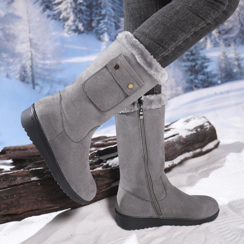 Women's Large Size Fall Winter Fleece-Lined Warm Mid-Calf Snow Boots.
