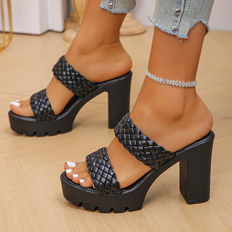 Pu Leather Woven High Heels Sandals for Women Summer New Fashion Slip On Platform Sandals Woman Non Slip Thick Heeled Slippers