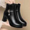 Winter Schwarz Plateau Dick Hoher Absatz Stiefeletten Damen Warm Halten Elegant Kurze Stiefel Schnalle Dekoration Lederstiefel