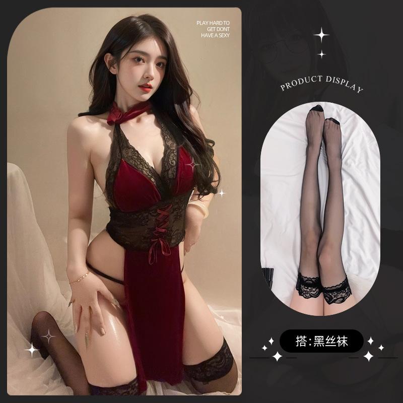 Sex underwear Republic of China cheongsam high split set Guochao lace neck nightdress pajamas