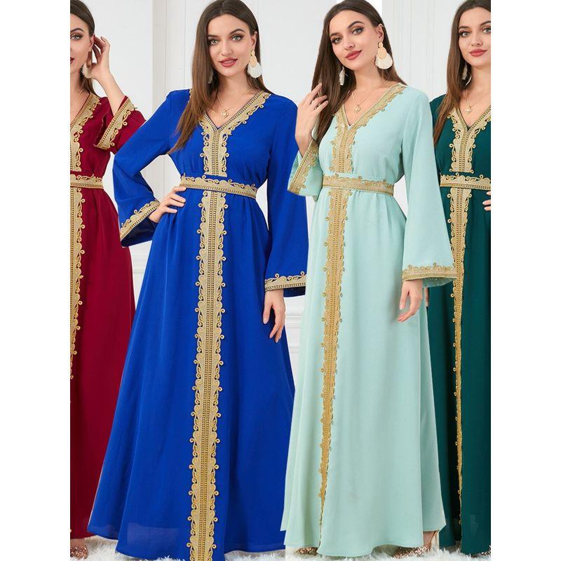 Indonesia Djellaba Women's Pure Color Show Lace Patchwork Basic Loose Embroider Long Sleeves Dress Dresses
