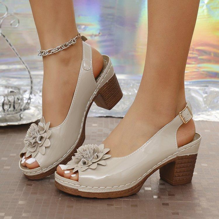Fashion Roman Style Solid Color Fish Mouth High Heel Sandals for Women Plus Size Summer New Simple and Fashionable with Flowers Sandals