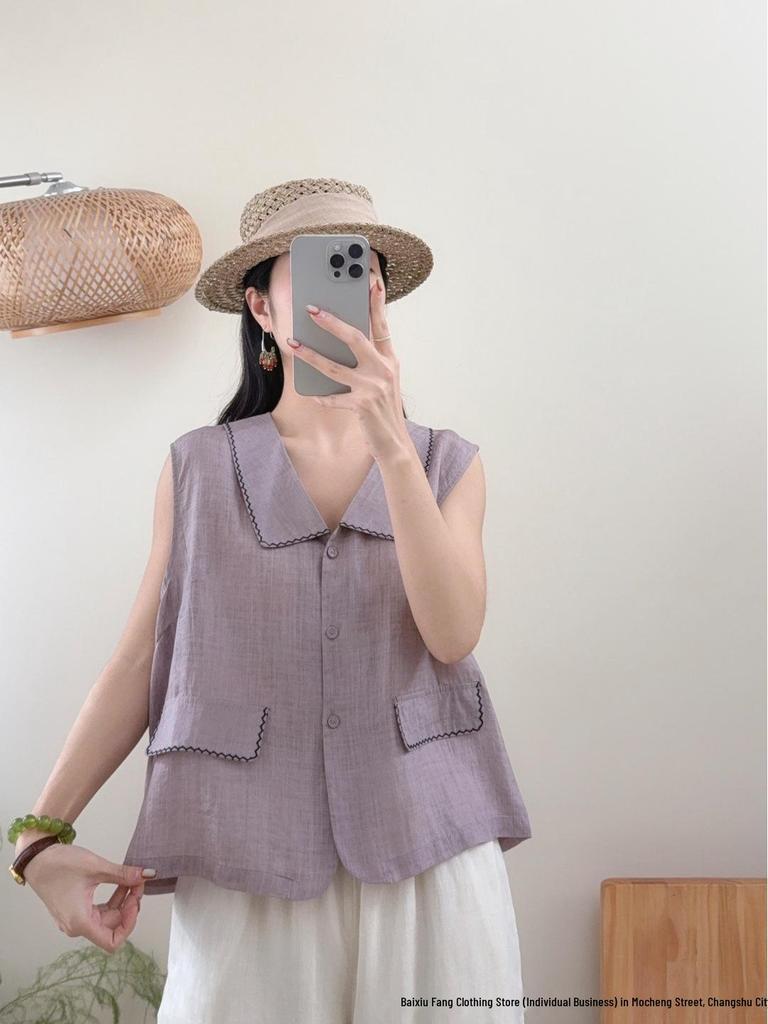 Linen Sleeveless Retro Lapel Blouse with Pocket - Women's Solid Color Summer 2026 Vest
