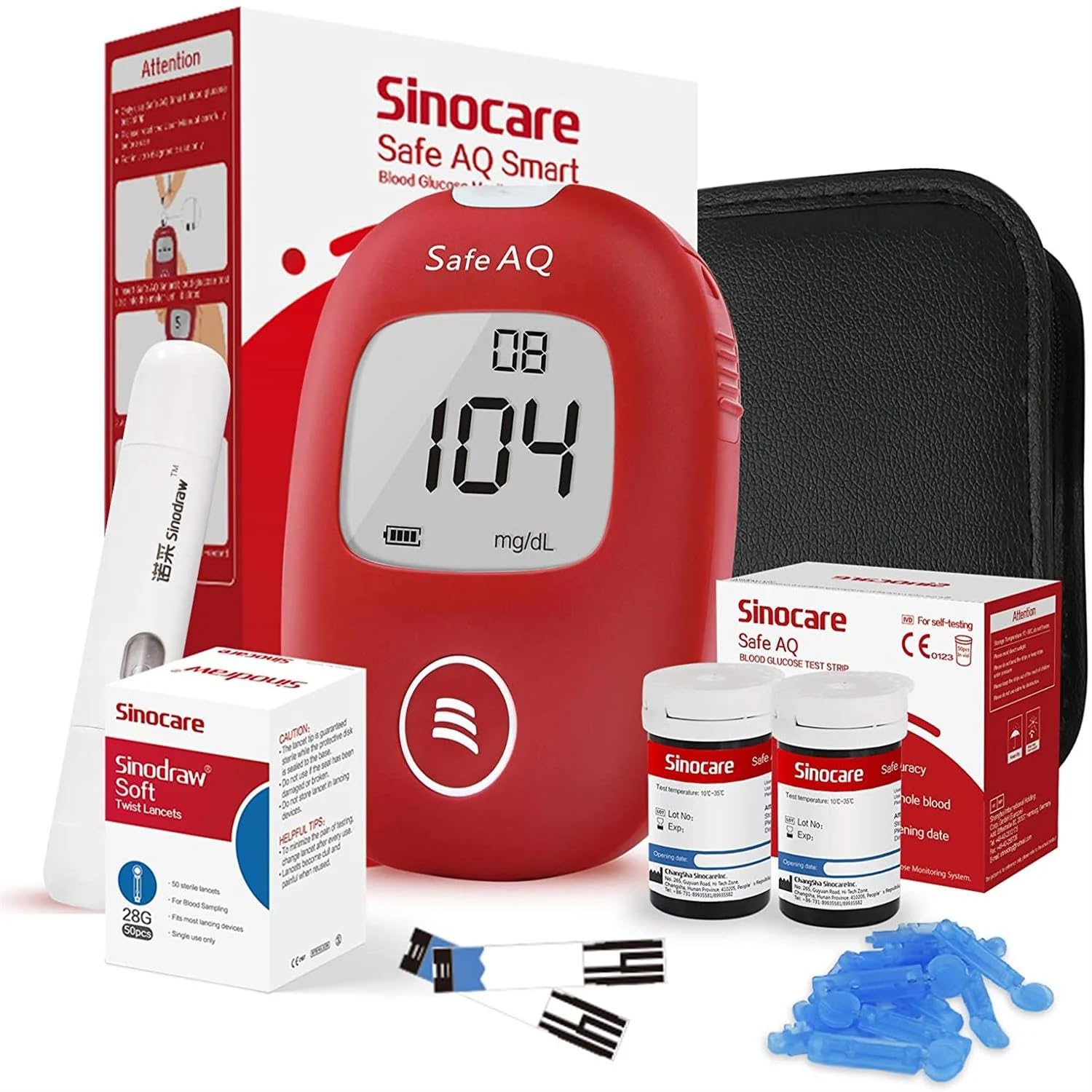 SINOCARE SAFE AQ SMART Глюкометр/Прибор для измерения уровня сахара в крови | С 50 тест-полосками и ланцетами, Одно устройство для ланцетов | Без кодирования, Измерения уровня сахара в крови/Диабета