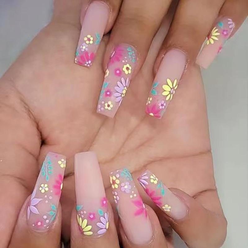 Long Press-On Nails With Adhesive Tabs Full Cover Fake Women INS Style Acrylic Nail Tips Reusable Wearable Art