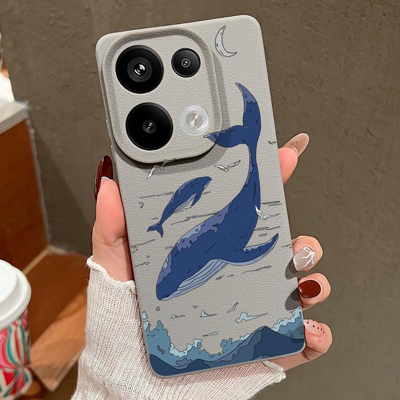 For Xiaomi 13T Pro Poco X7 X6 Redmi Note 14 13 12 11 Case Shell Whale Pattern TPU Leather Texture Matte Soft Shockproof Lens Protection Phone Cover