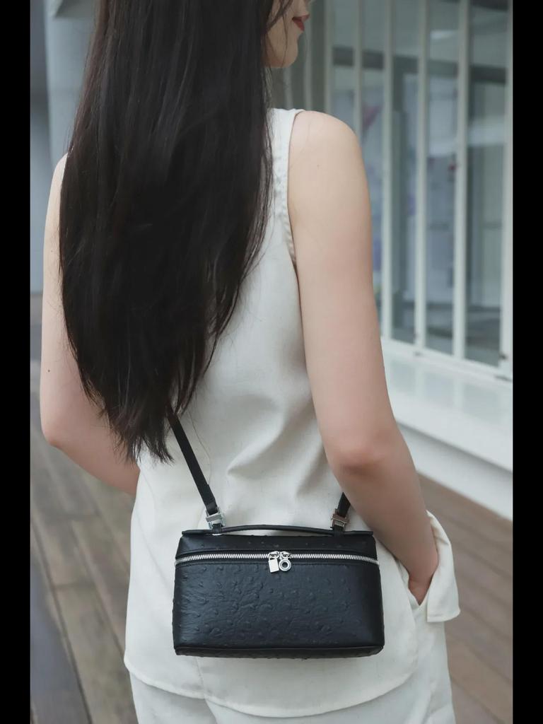 Genuine Leather Ostrich Pattern Women's Lunch Box Bag - Small Handheld Cowhide Cosmetic Messenger Bag