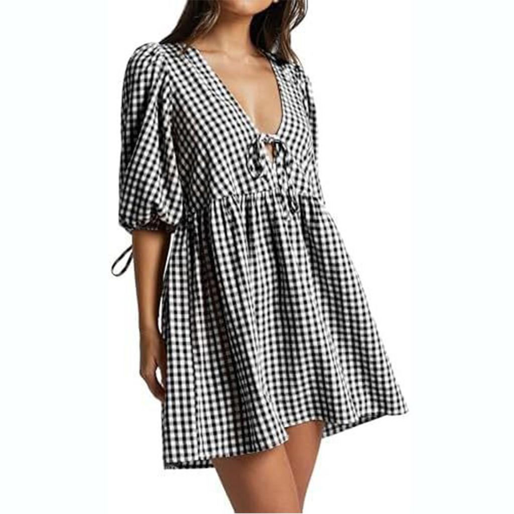 Women's  Plaid Tie-Front Babydoll Dress With Ruffles, Puff Long Sleeves, V-Neck, Peplum Waist, Sundress For Beach