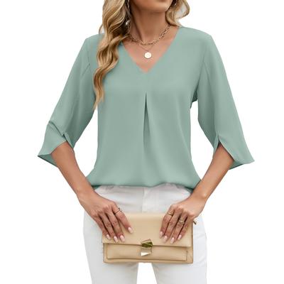 Women's Casual Fashion Retro Solid-Color Spring/Fall Three-Quarter Sleeve Top