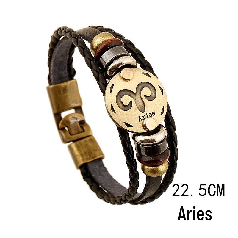 Twelve Constellations Genuine Leather Multi-layer Bracelet - Retro Woven Design for Couples