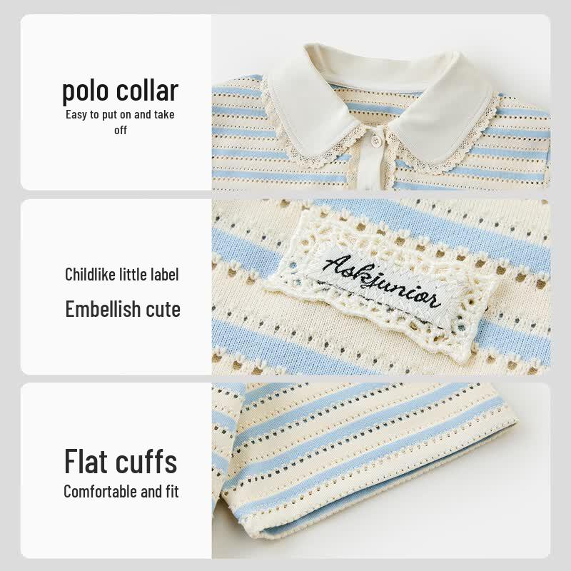 ASK JUNIOR Girls' Summer Lace-Collar Short Sleeve POLO T-Shirt
