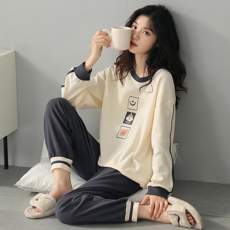 Gray Antibacterial Pajamas Women's Spring and Autumn Summer Pure Cotton Waffle Korean Thin Long-sleeved Loungewear Large Size Set