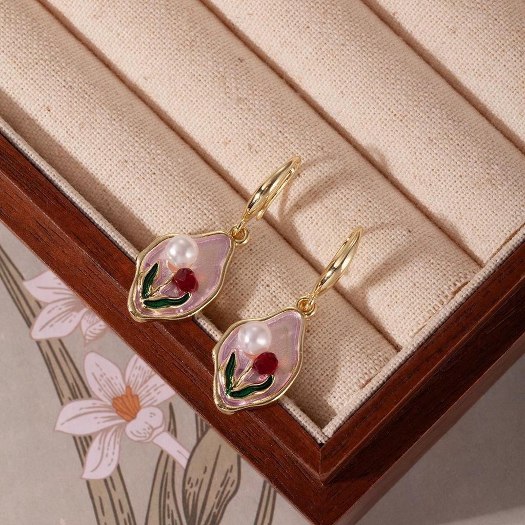 Elegant French Pink Flower Enamel Stud Earrings