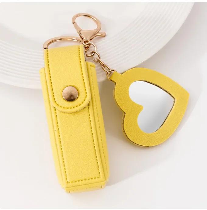 Custom Logo Name Key Chain Ring Small Versatile Keyring New Portable Lipstick Bag Packet Heart Mirror Keychain Mini Leather Gift