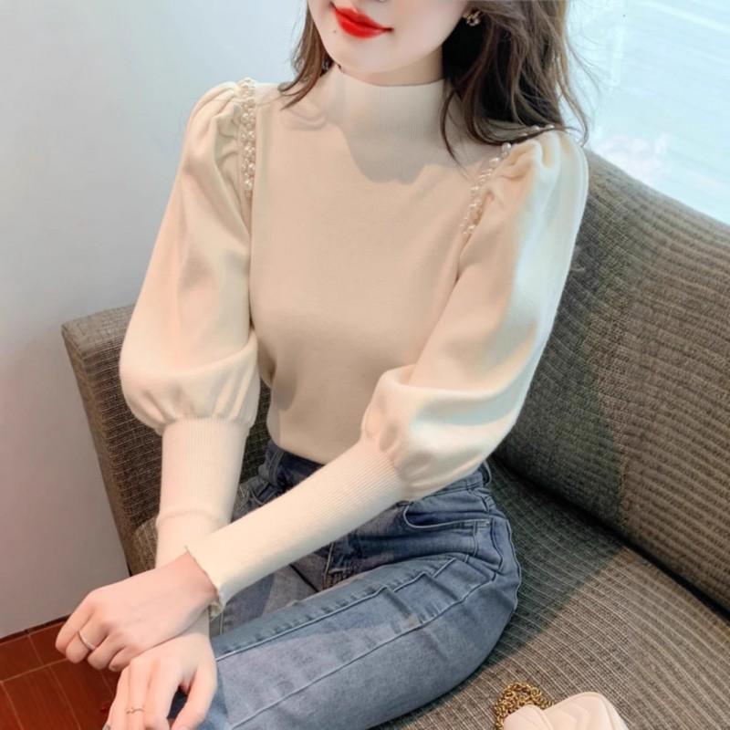 Womens Half Turtleneck Knit Sweater Solid Color Lantern Sleeve Slim Fit Top Winter