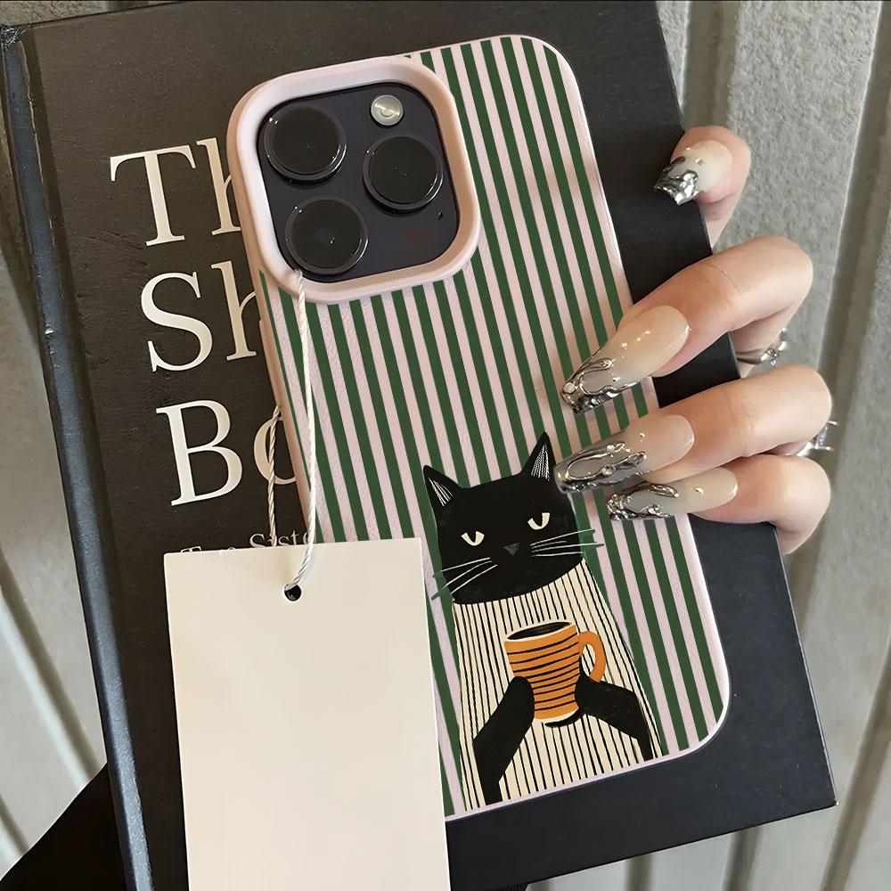 Funny Coffee Cat Pattern Lychee Phone Case For iPhone 18 17 16 15 14 13 Pro Max 15 14 Plus 17 18 Pro Air XS XR Shockproof Cover
