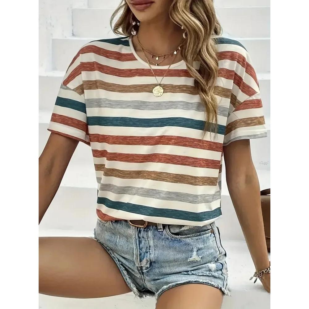 Fashion Women's Striped Printed Top Casual Loose Short Sleeves Comfortable Breathable T-Shirts Women’s