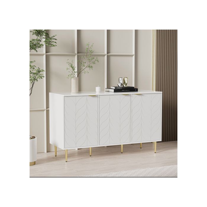 Buffet Moderne - MUVOE - Commode Laquée - 2 Tiroirs - 6 Compartiments - Blanc Doré