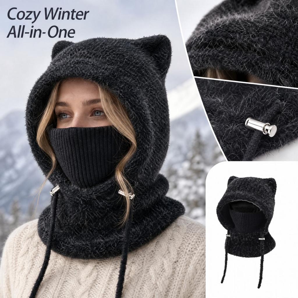 Women's Oversized Winter Hat with Ear, Face Cover and Neck Warmer, One-Piece Knit Scarf for Cold