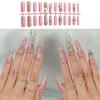 24 Pieces Long Square Press On Nail With 3D Bows and Rhinestones Designs False Nail Sparkling Stick On Nail for Women