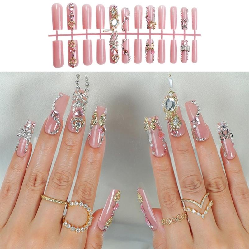 24 Pieces Long Square Press On Nail With 3D Bows and Rhinestones Designs False Nail Sparkling Stick On Nail for Women