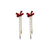 Fashion Atmospheric Red Velvet Bow Earrings Femininity Sweet Flower Long Fringed Versatile Earrings