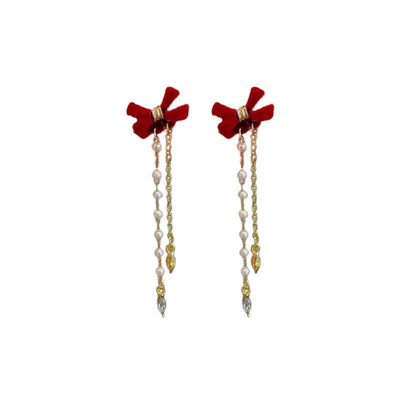 Fashion Atmospheric Red Velvet Bow Earrings Femininity Sweet Flower Long Fringed Versatile Earrings